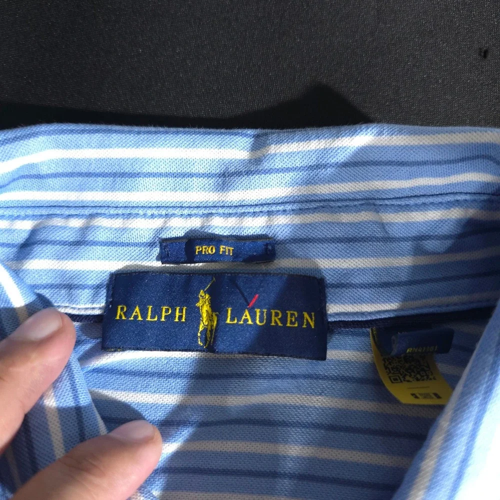 Ralph Lauren Polo‎ Shirt Mens XL Blue White Striped Pro Fit Short Sleeve Cotton